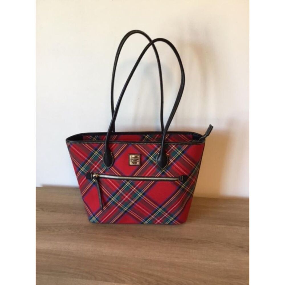 Dooney & Burke Red Plaid Tartan Tote w/Black Leather Trim NWOT